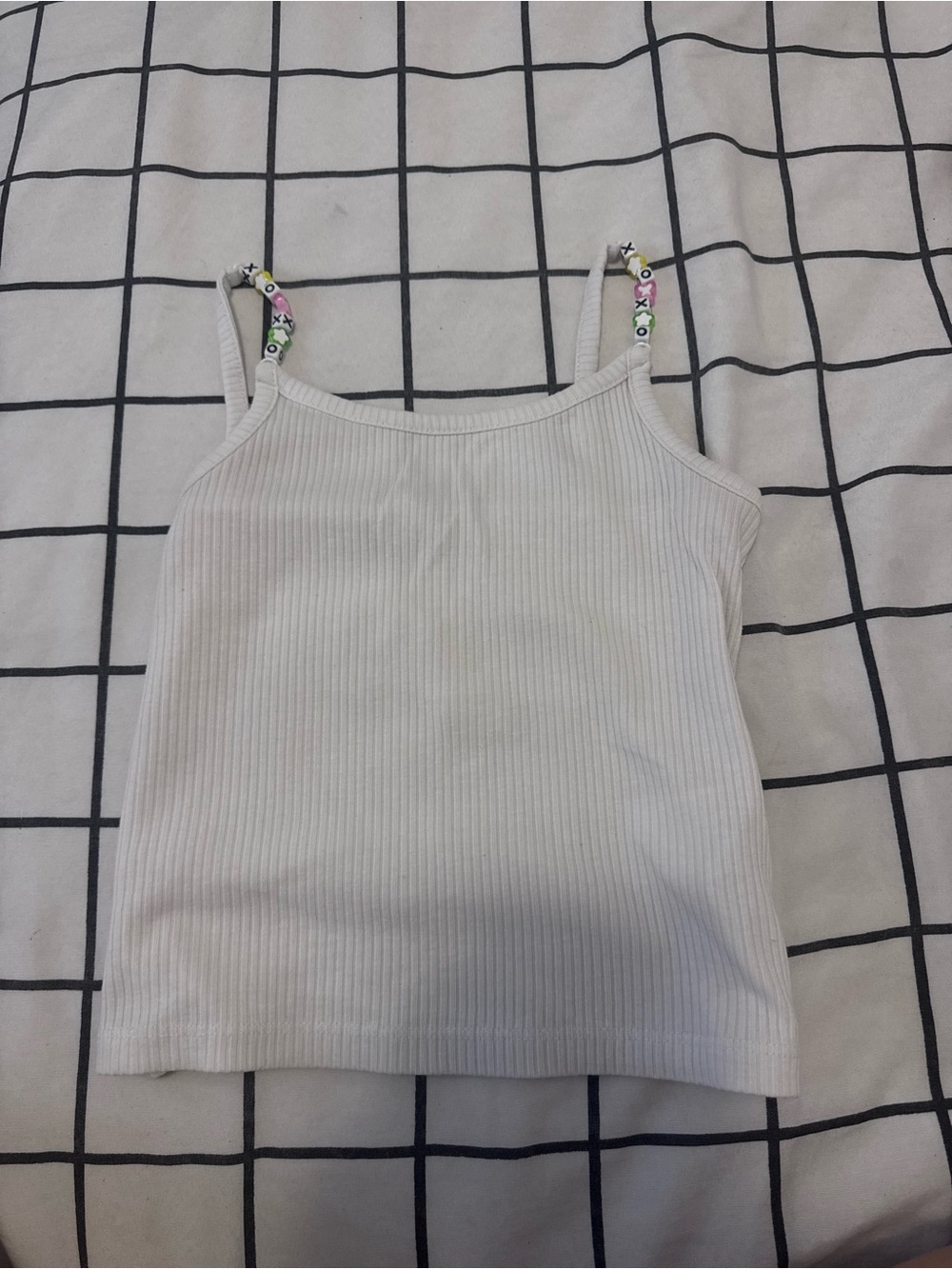 White Ribbed Spaghetti Strap Tank Top with Beaded Details